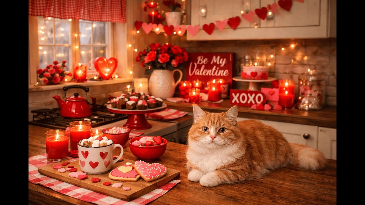 Cozy Valentine’s Cat Purring in Warm Kitchen 🐱 Fireplace Ambience & Relaxing Sounds