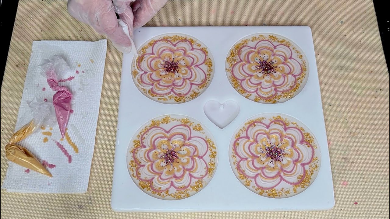 #1240 Pink, White And Gold 3D Flower Resin Coasters