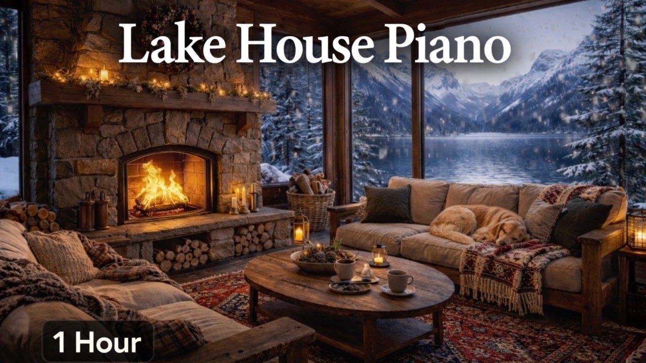 Winter Lake House ❄️ Cozy fireplace ambience & soft piano for relaxing, focus and calm