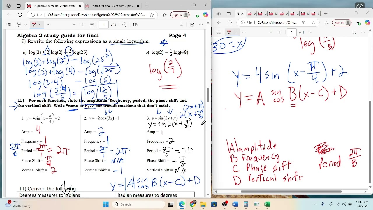 Extra Example problems for Alg2 sem 2 study guide 2025 (answers)