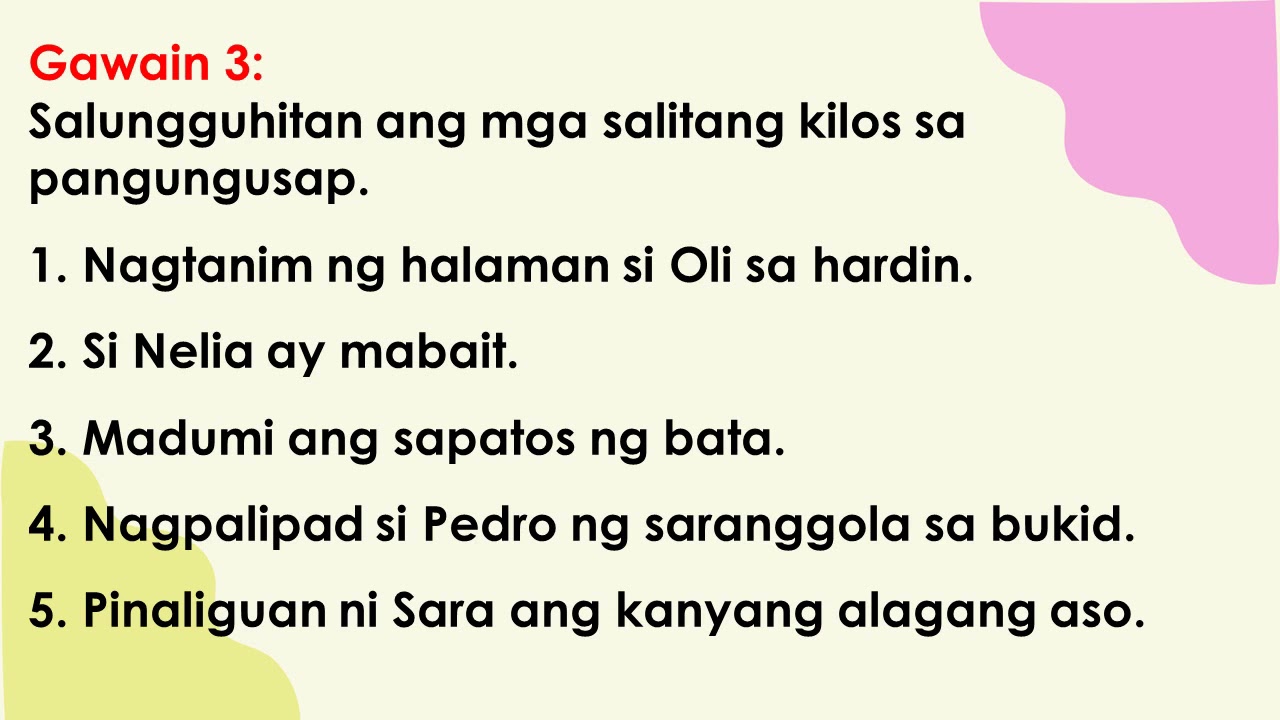 MTB-MLE 1 Q4 Week 2: Salitang Kilos sa mga Pangungusap