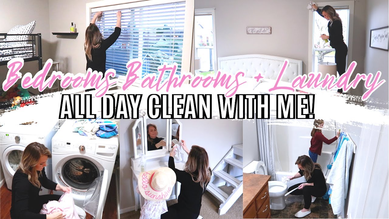 ALL DAY CLEAN WITH ME | BEDROOMS BATHROOMS + LAUNDRY MOTIVATION | Amanda Sandefur