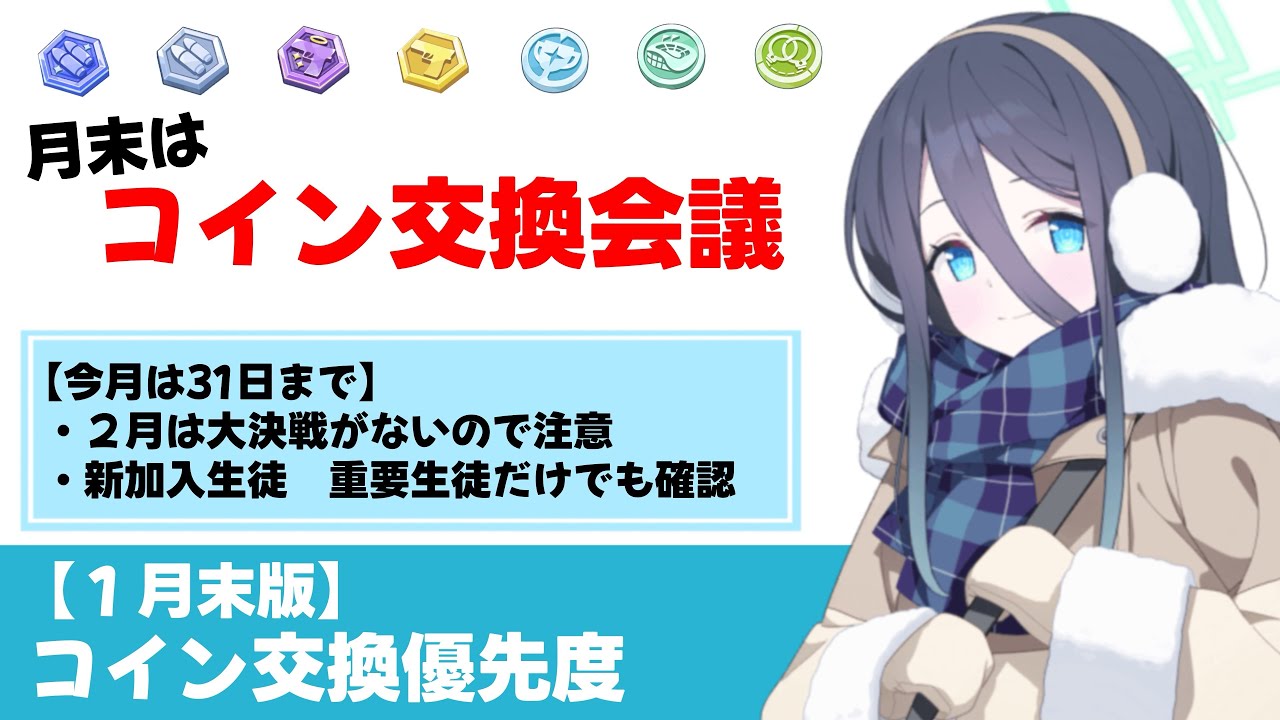 【今月は31日まで】１月末版　コイン交換優先度　２月に大決戦がないことに注意　フェスで手に入れた生徒の素材は確認しましょう【ブルーアーカイブ】