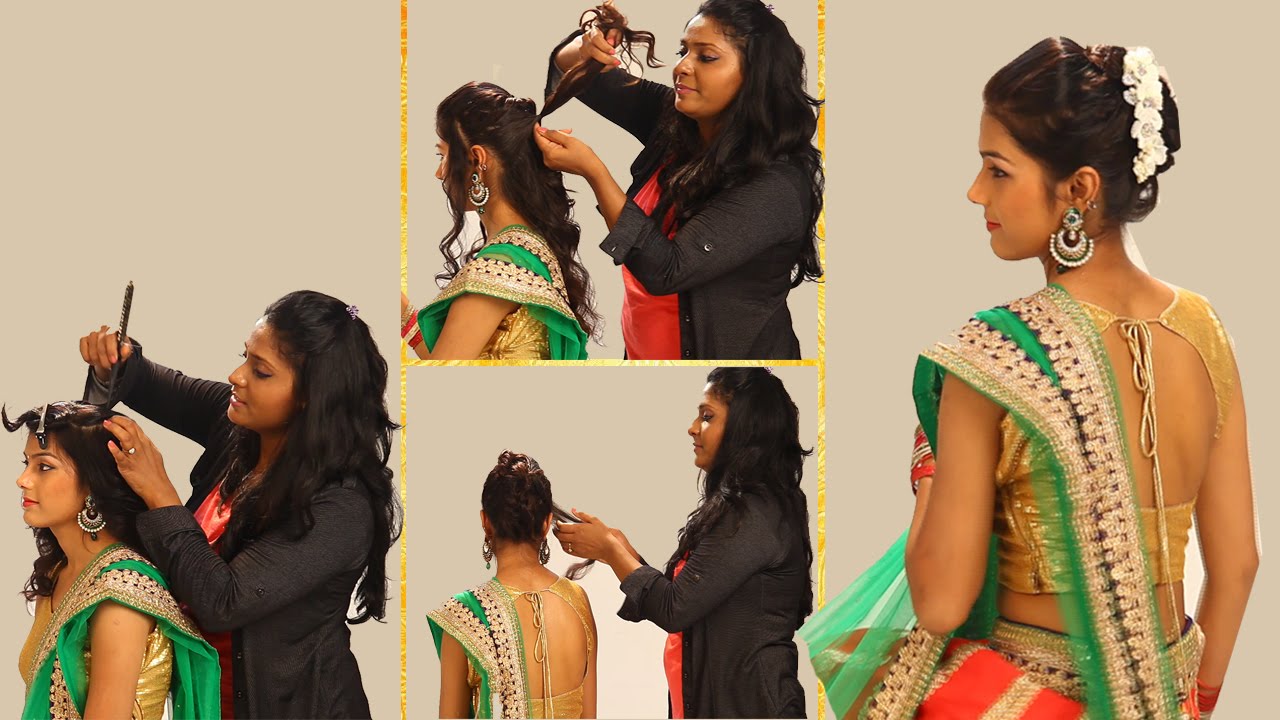 Indian Simple Hairstyles For Wedding to Do Yourself-Twist and Flip Bun-Hairstyle forTraditional Sari