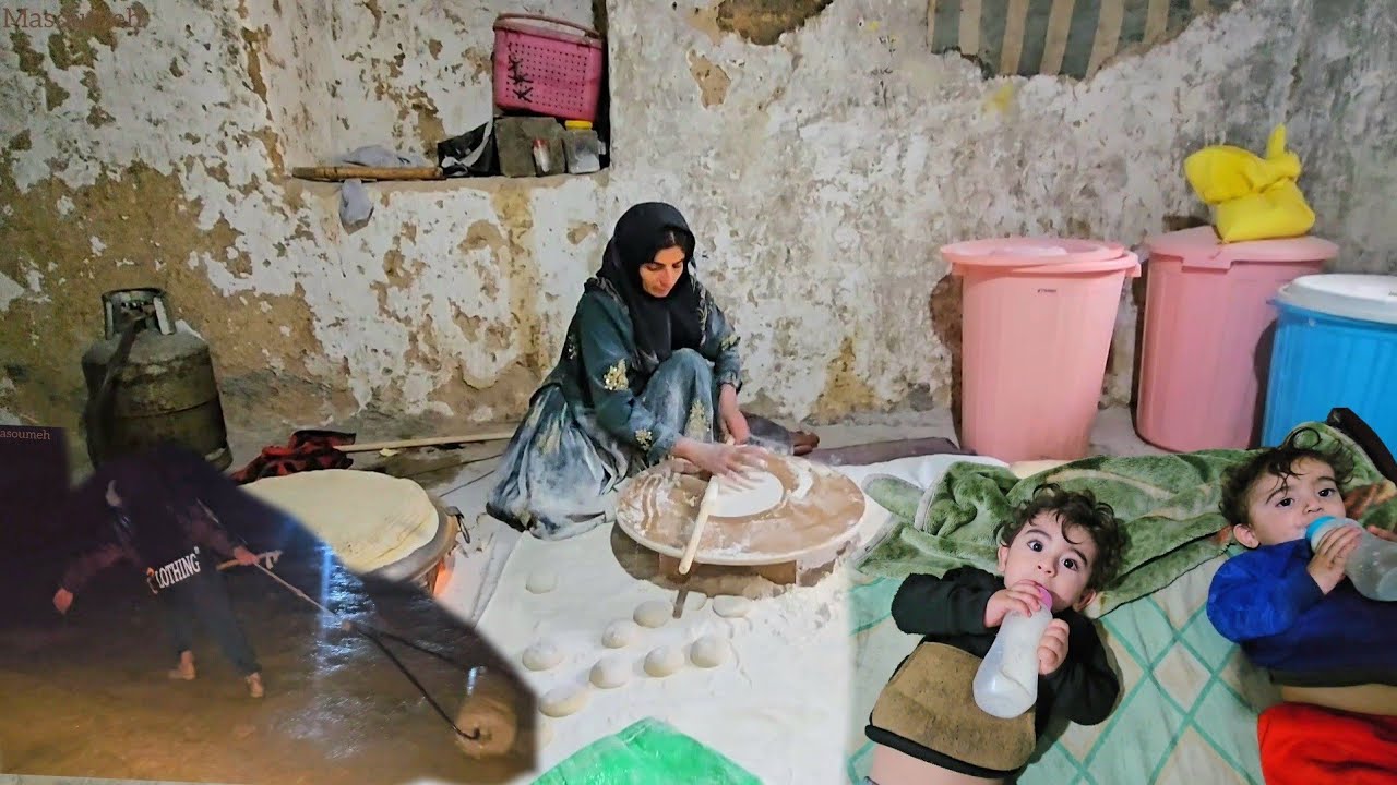 Heavy rain in the village | Masoumeh's real nomadic life and baking local bread with Maryam🍞❤🏡⛈️
