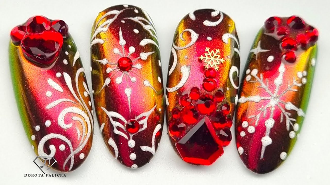 Christmas chrome nail art with rhinestones. Filigree Christmas nail art for beginners