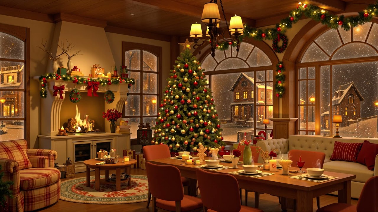 Warm Christmas Restaurant Space By The Fireplace | Relaxing Jazz Music With Snowfall