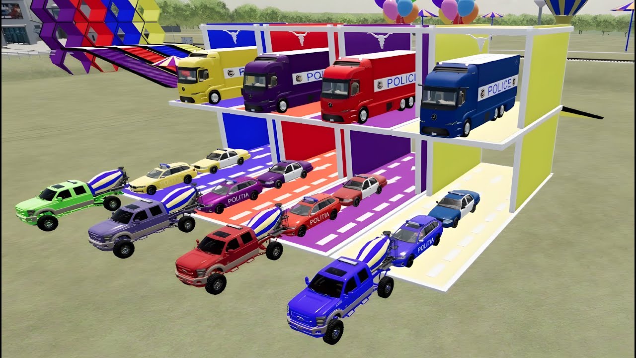 Garage with Colors - ALL MIXER TRUCK ,police car, WITH FLATBED TRAILER TRUCK, MACK, RENAULT #262