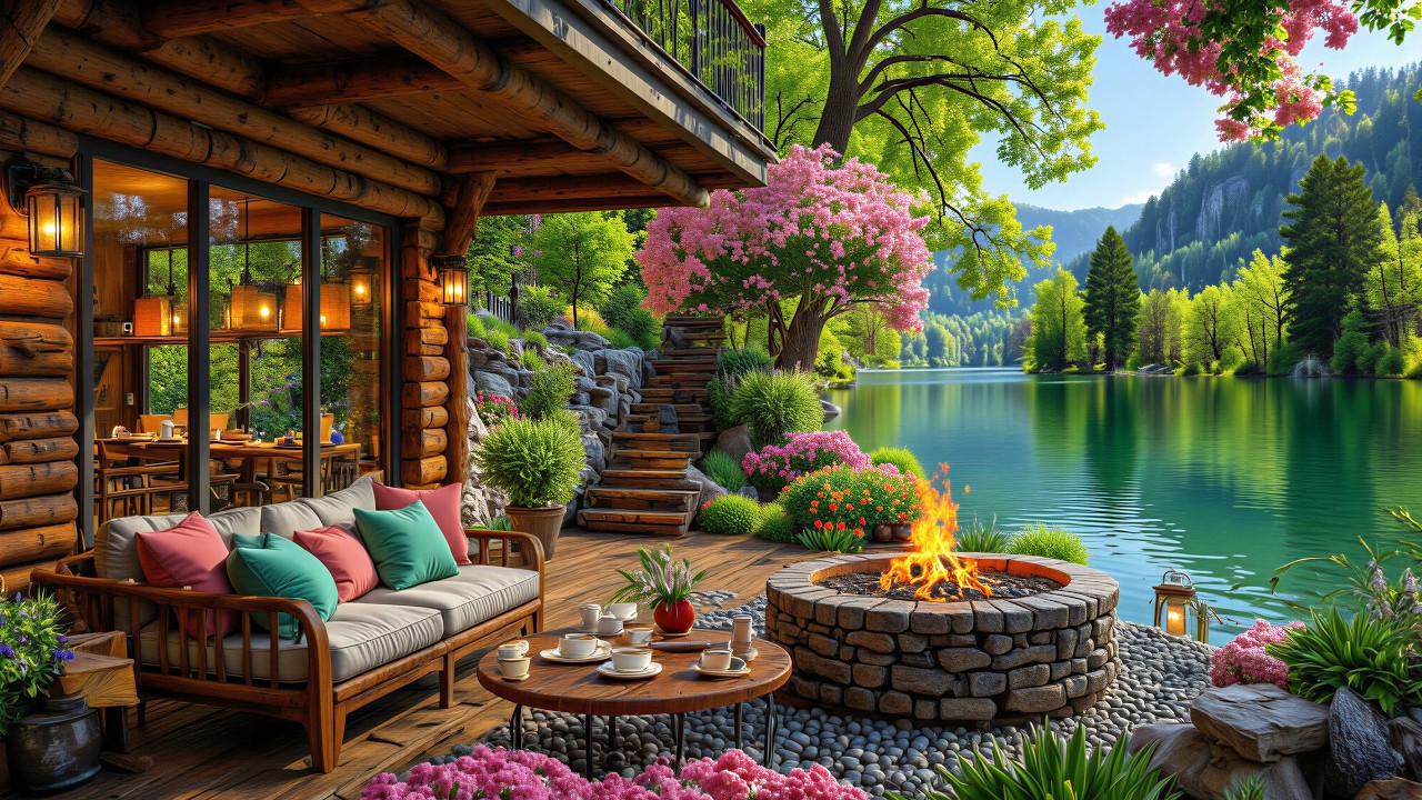Cozy Spring Cabin Fireplace Ambience 🌺 Relaxing Piano Music & Crackling Fire Sounds for Sleep, Study