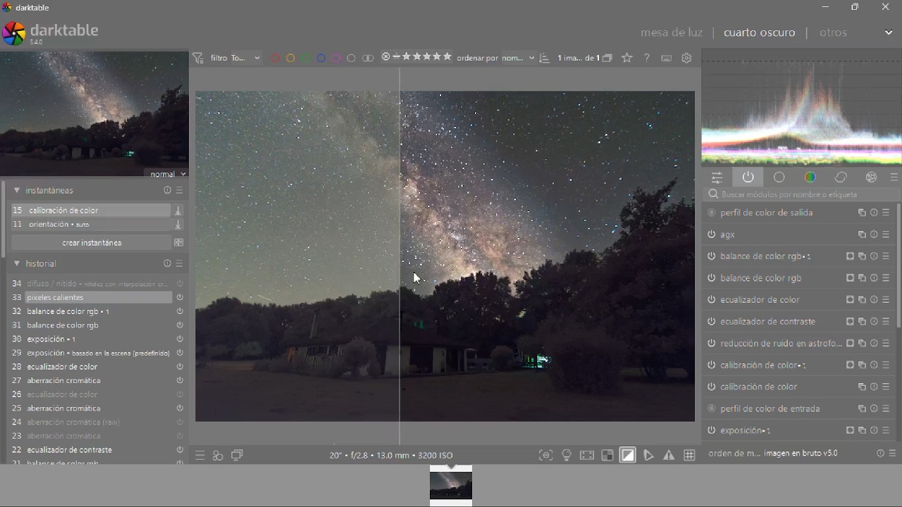 Vía Láctea con cámara y trípode: revelado completo en Darktable