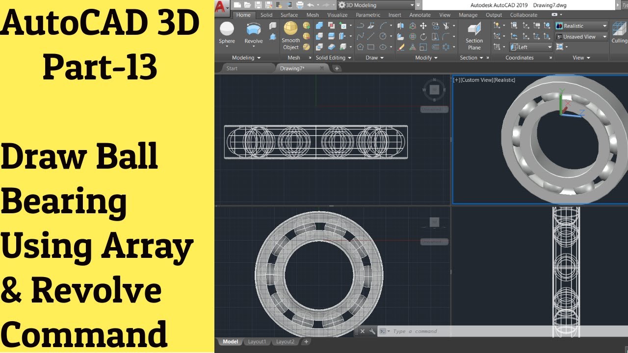 #13 AutoCAD 3D Tutorial- Draw Ball Bearing Using Revolve And Array Command