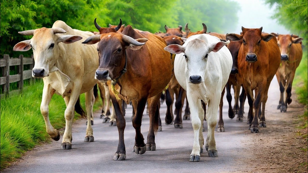 A Peaceful Herd Walks Down the Country Road