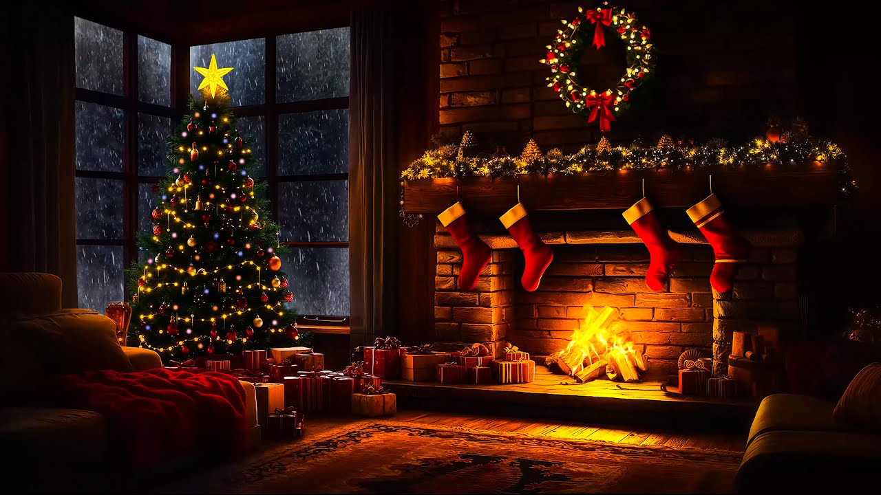 No Ads 🔥 Relaxing Fireplace Sounds with Falling Snow ❄️| Winter Cabin Christmas Ambience