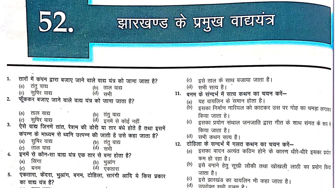झारखंड के प्रमुख वाद्ययंत्र Part -2 MCQ | झारखंड की कला एवं संस्कृति|मैं हूं झारखंड Book से MCQs
