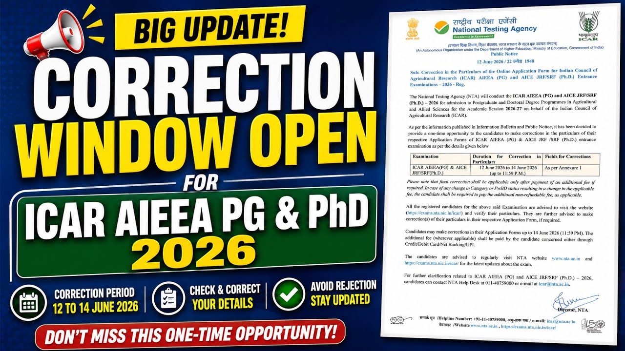🛑Correction window opened for ICAR AIEEA PG & PhD 2026 | Don't miss the opportunity