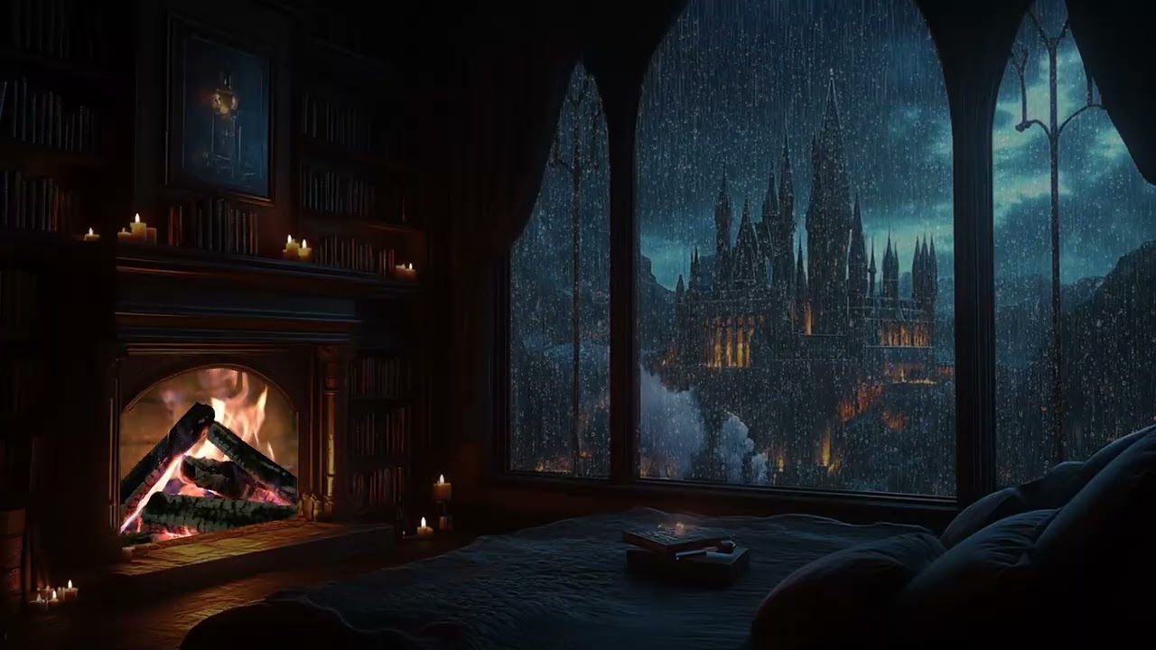 Thunder Rain over Distant Castle | Warm Gothic Bedroom Fireplace Glow | Peaceful Focus Night