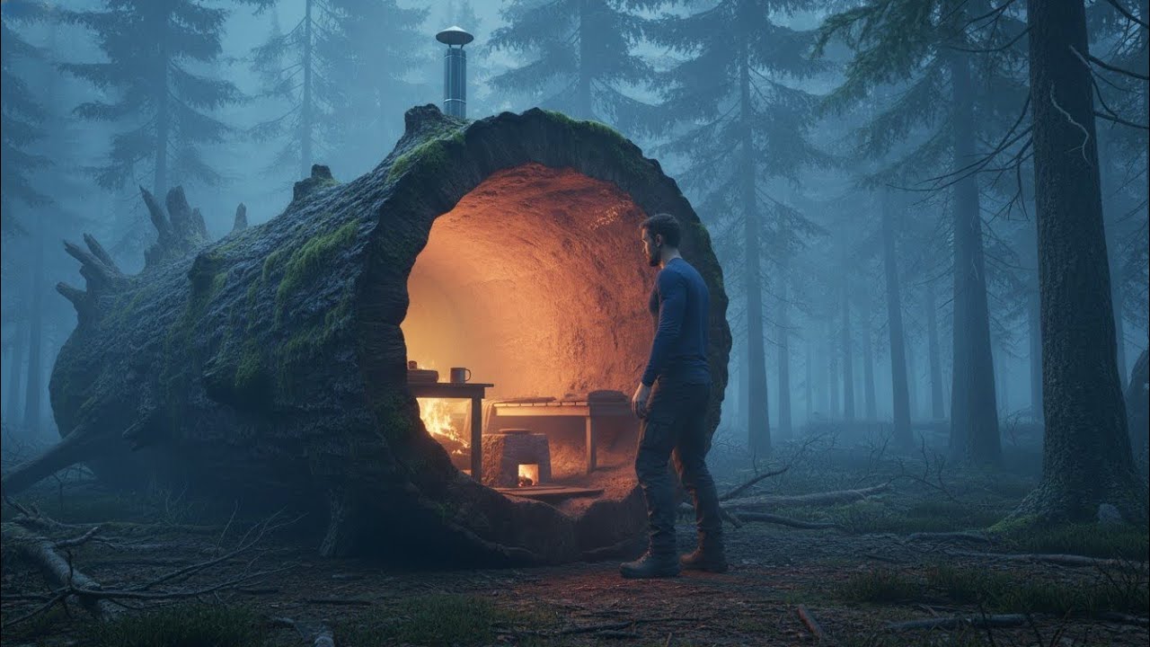 I Turned a Massive Hollow Tree Log Into a Hidden Modern Survival Home
