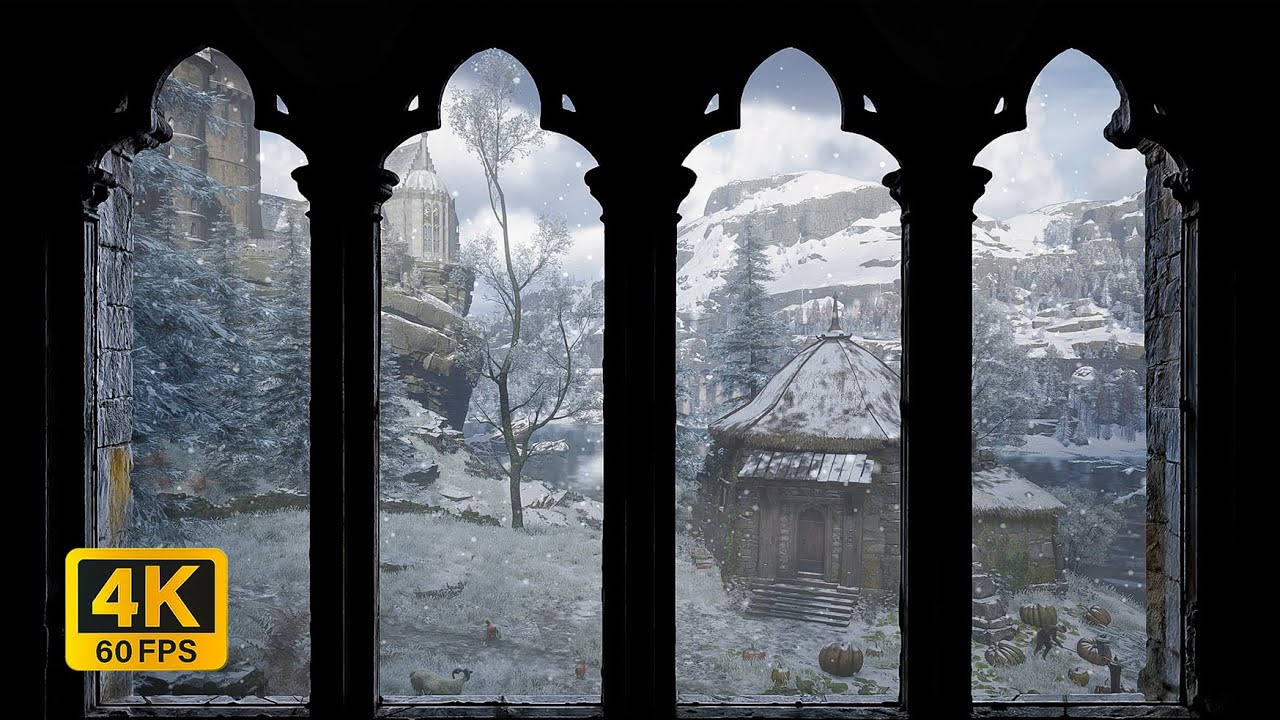 4K Hagrid’s Hut Winter Window View | Snowfall & Wind Ambience for Sleep & Study