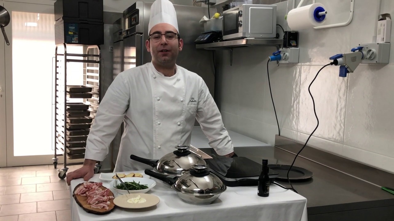 Bietola scottata con pancetta steccata, stracciatella e crostone di pane con le padelle Cookin