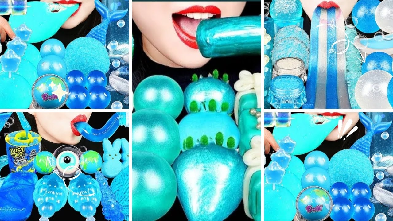 5X SPEED ASMR Blue Food Party! 💙 Mermaid Tail, Jelly Balls & Juicy Drop Gummy | Mukbang No Talking💙