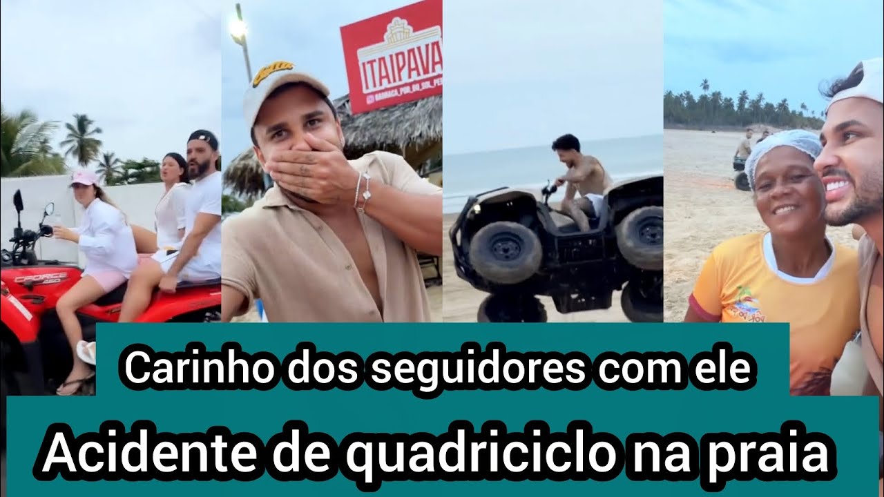 Léo vira quadriciclo durante passeio na praia e Lucas Guimarães tira foto com os seguidores 