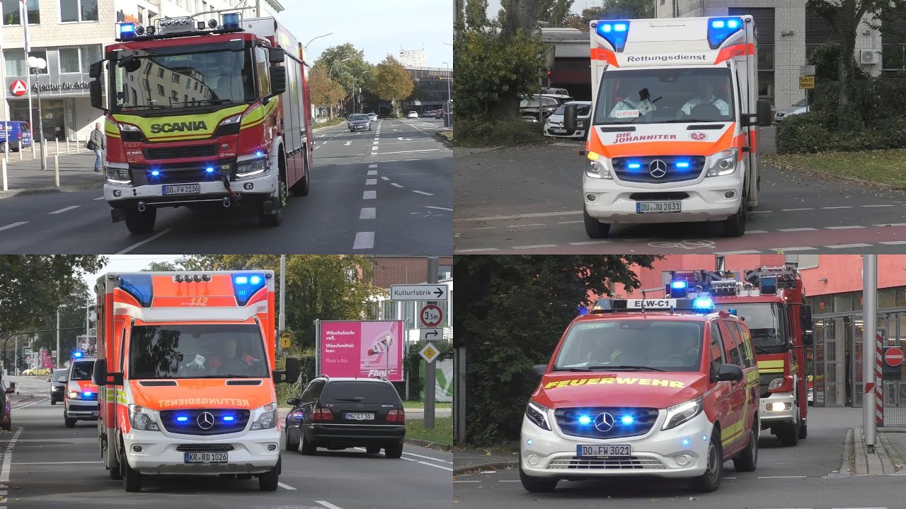 Feuerwehr, Rettungswagen und Notartz auf Einsatzfahrt in Krefeld, Duisburg, Wuppertal und Dortmund