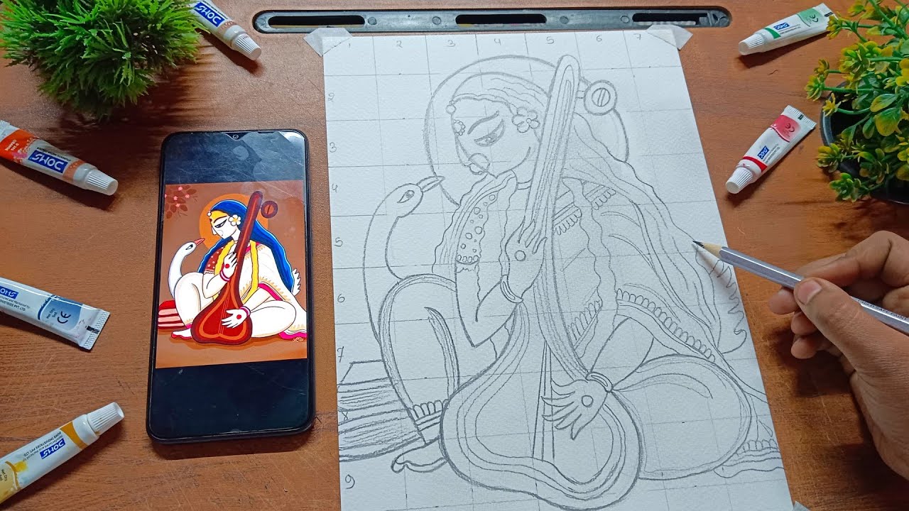 How To Draw Sarswati Mata Drawing ✨ Madhubani Painting Easy ✨ Sarswati puja Drawing Easy 