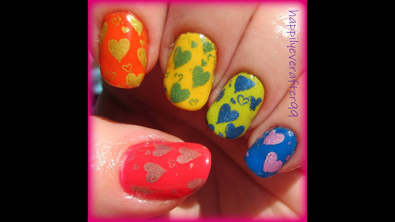 Rainbow Hearts Nail Art Stamping with Chrome Nail Art Powders using BM-H18 