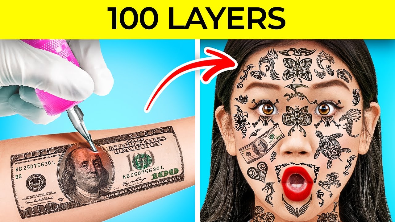 100 LAYERS CHALLENGE || 1000 Coats of TATTOOS, Lashes, Makeup! Funny DARE GAME by 123 GO!CHALLENGE