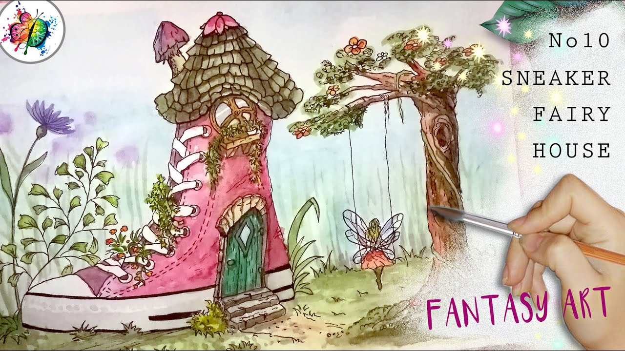 Watercolor Fairy Painting | Whimsical Sneaker Fairy House Fantasy Art