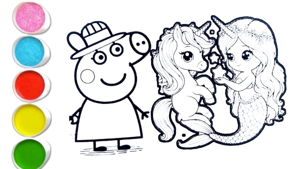 Peppa pig With Unicorn Mermaid Drawing Painting & Colouring For kids & Toddlers ll Easy Kids Drawing