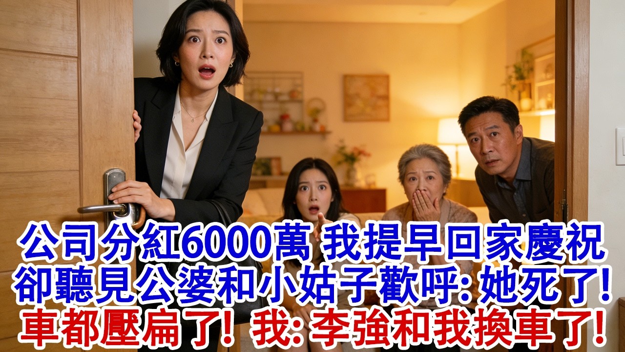 公司分紅到手6000萬，我提早下班買蛋糕回家慶祝，在門外聽見公婆和小姑子歡呼：她死了，車都被壓扁了！我推門：李強今天和我換車了！婆家全嚇癱！#婆媳 #家庭 #婚姻 #情感故事 #為人處世