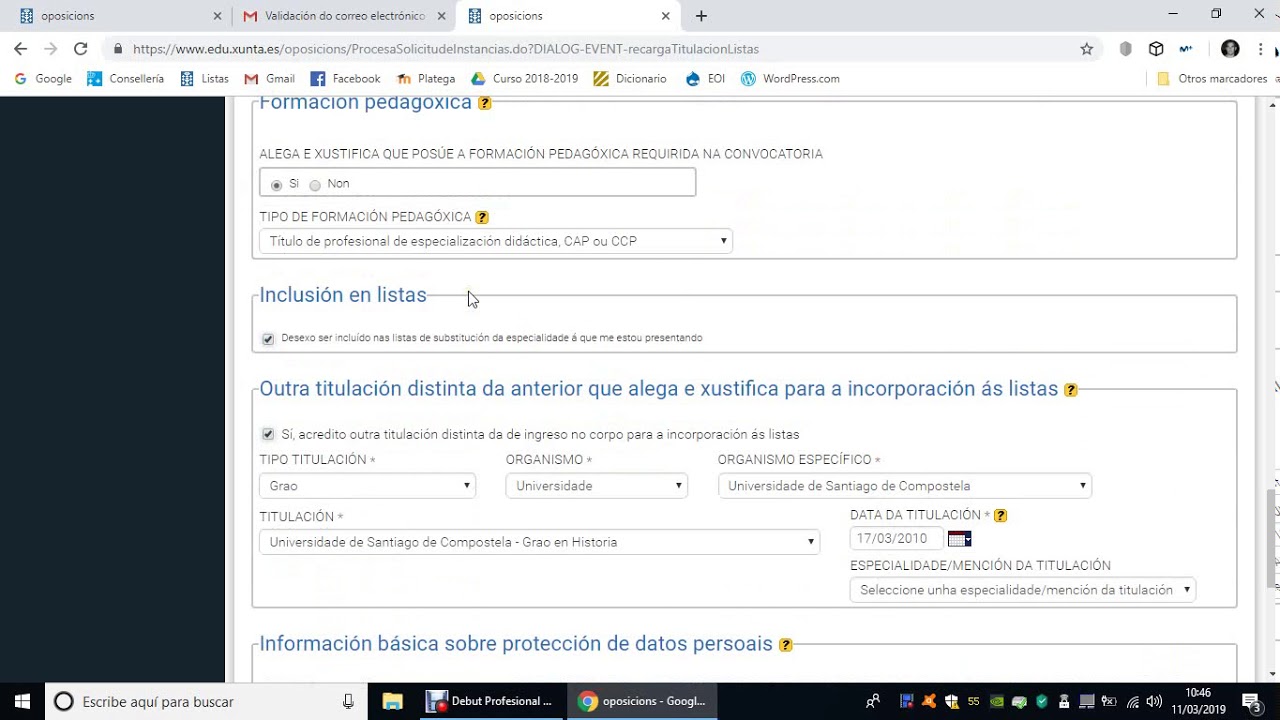 Inscrición nas oposicións (2019)