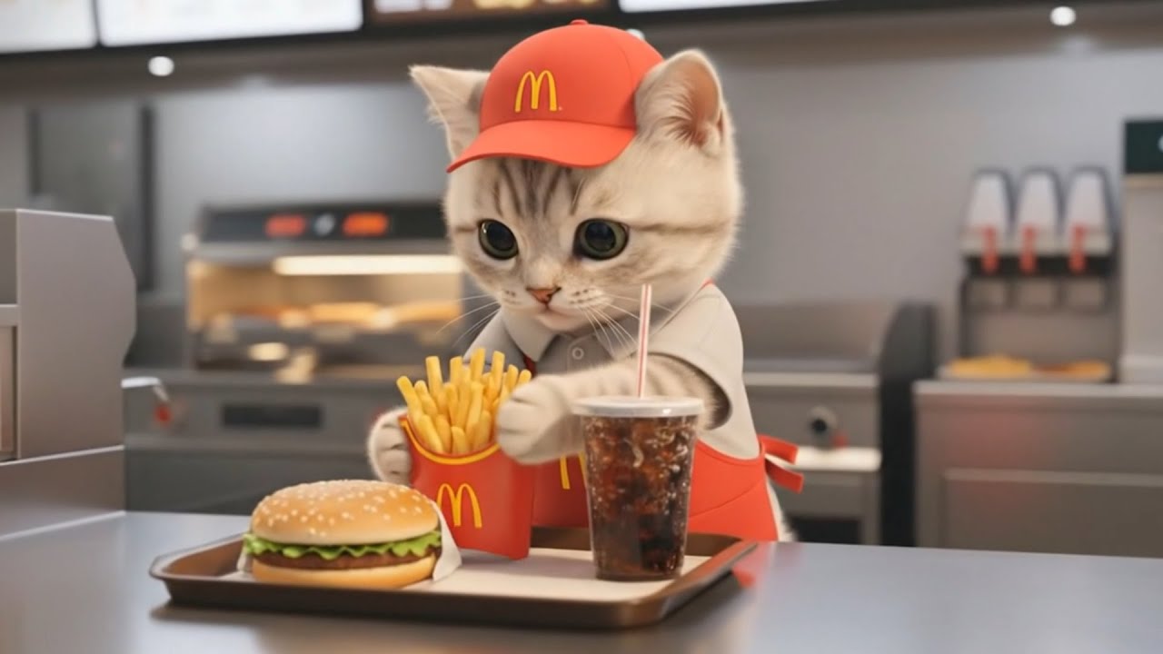 いらっしゃいませ!!マクドナルドで初バイト...ねこの一日に密着🐱🍔