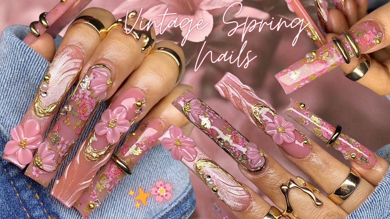 Максималистичный винтажный весенний дизайн ногтей ✨🌸 / Акриловые ногти с фольгой
