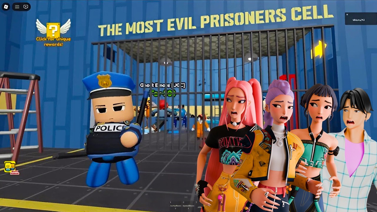 Kpop Demon Hunters Rumi, Zoey, Mira, Jinu Plays POLICE JR 2 PLAYER Escape Prison Run in Roblox