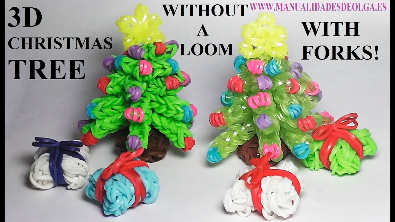 3D Christmas Tree Charm without rainbow loom, with 2 forks, tutorial diy rubber bands figures