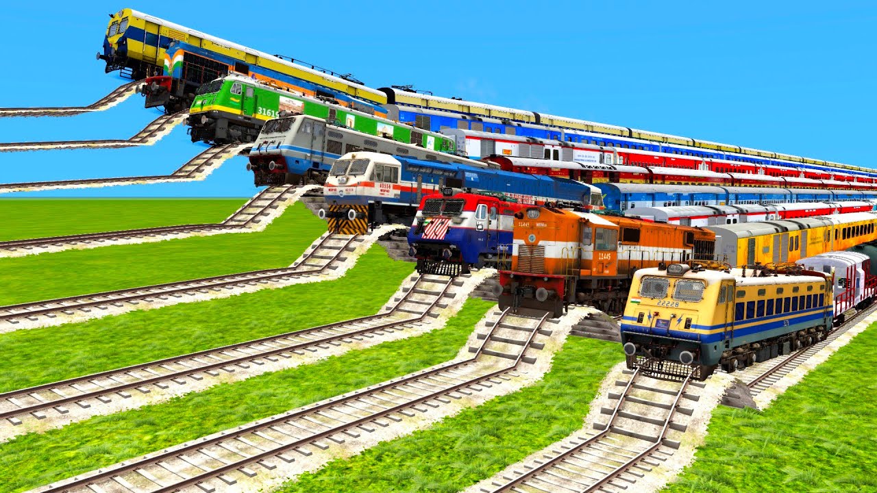 8 FULL SPEED TRAINS VS 8 HIGH AND HIGH & BIGGEST & BIGGEST SPEED BUMPS RAILWAY TRACKS|TrainSimuletor