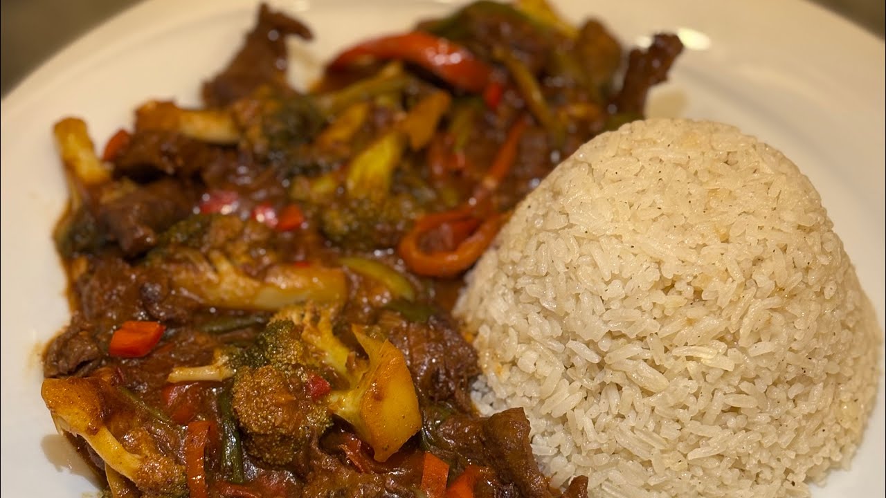 Asian beef stir fry with rice. 