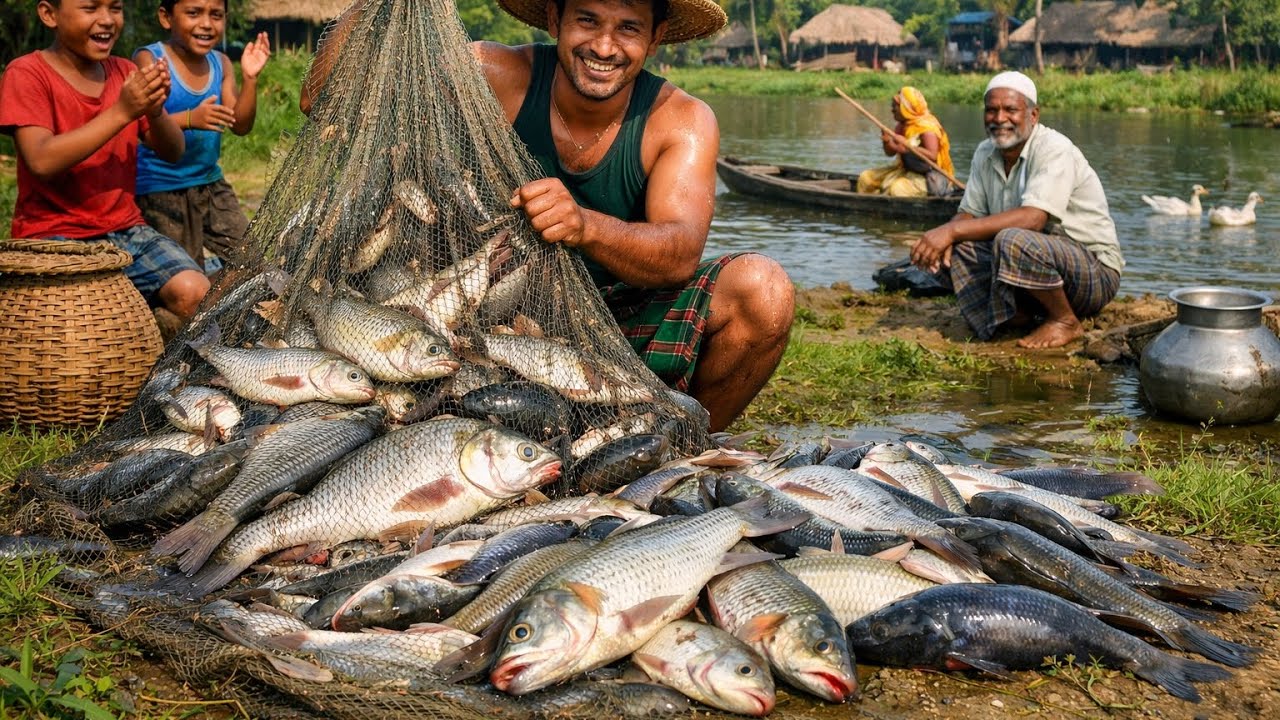 Pulling a fishing net from a village pond.Watch the Full Catch