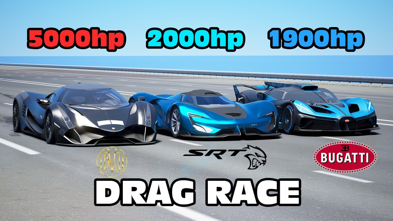 Bugatti Bolide vs Devel Sixteen vs SRT Tomahawk DRAG RACE