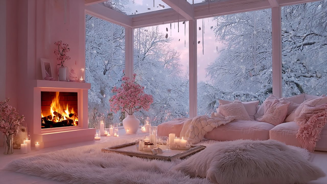 Cozy Pink Winter Villa Ambience ❄️ Relaxing Snow Fall & Fireplace for Sleep