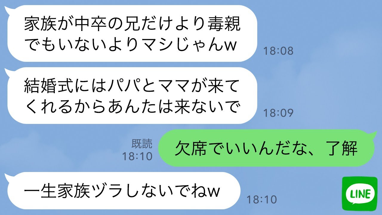 【LINE】中卒で毒親から逃げ工場勤務して妹を育てた兄を医者と結婚した途端に切る妹「結婚式は親を呼ぶから来ないでw」→お望み通りに欠席したら妹が大変なことにwww