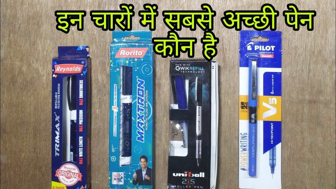reynolds trimax vs rorito maxtron vs uniball vs pilot v5.which is better roller pen.bharti teaching