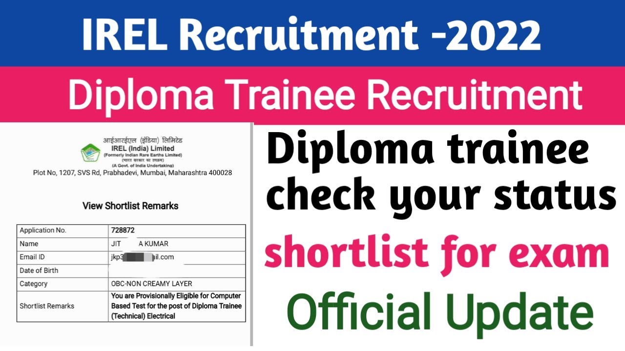 Irel notice out ||check your shortlist status || irel recruitment 2022|| diploma trainee ||official
