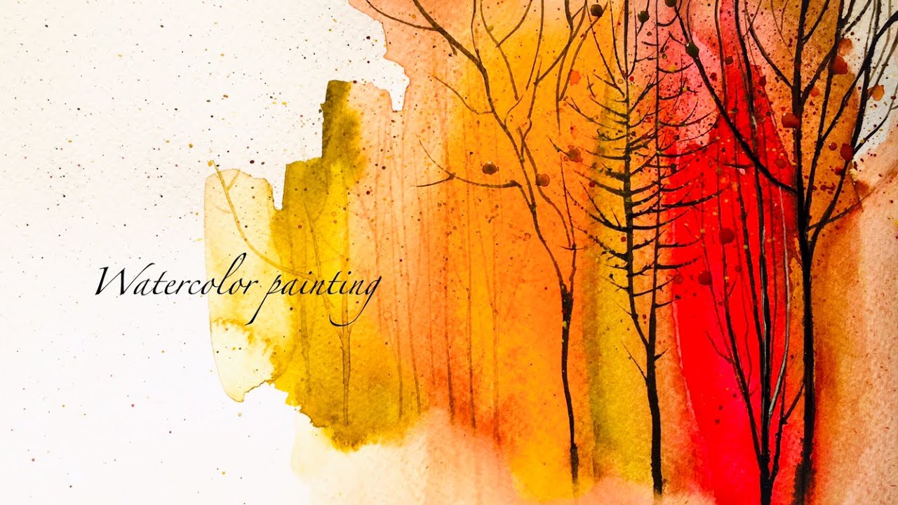 Painting of a landscape in sunset colors with watercolor