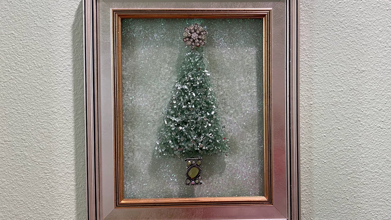 # 36 CRUSHED GLASS CHRISTMAS TREE ON GLASS,  WITH MOD PODGE ,NO RESIN NEEDED.