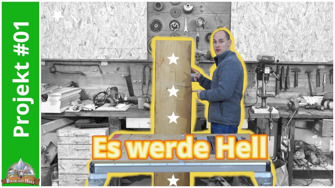 Einfache Deckenlampe aus einer Fichtenbohle mit 5 Spots