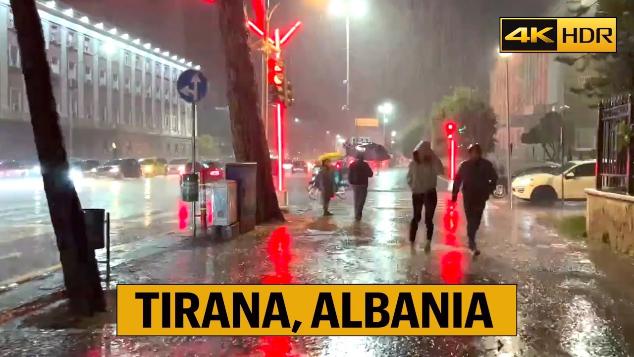 Tirana Rain Walk ☔️ Central Tirana Night Walk After Rain (Umbrella Binaural 3D Rain Sounds) 4K HDR