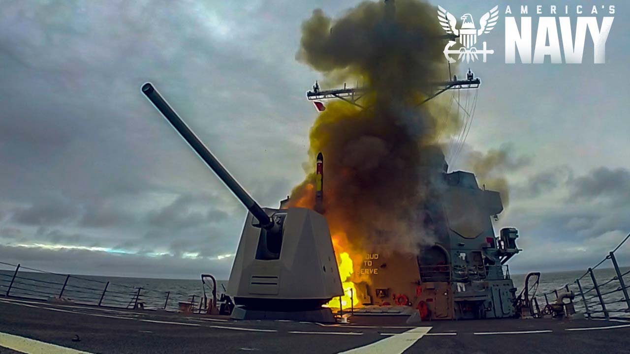 The guided missile destroyer USS Pinckney launches a Vertical Launch Anti-Submarine Rocket (ASROC)